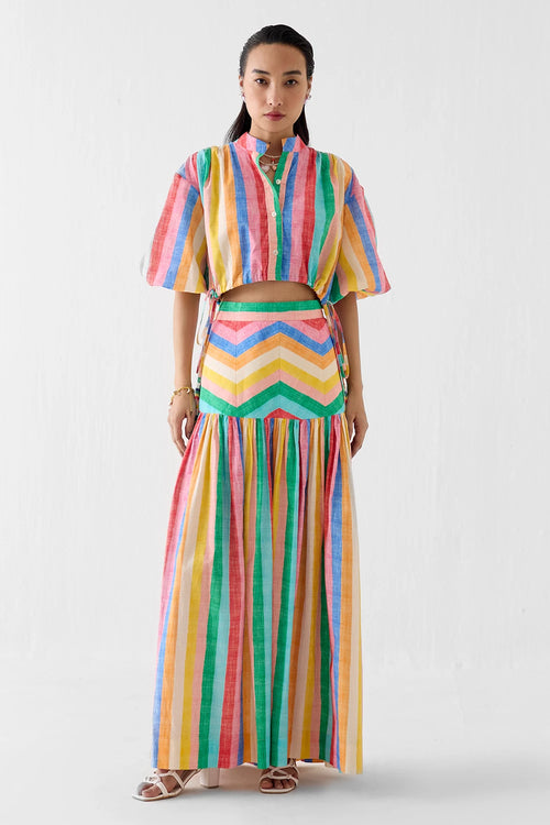 Leher Drawstring Crop Shirt And Gathered Skirt