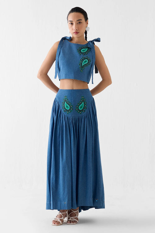 Indigo Crop Top And Gathered Skirt