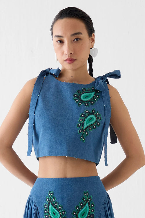 Indigo Crop Top And Gathered Skirt