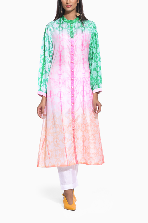 Pink Peach Green Ombre Shibori Kurta