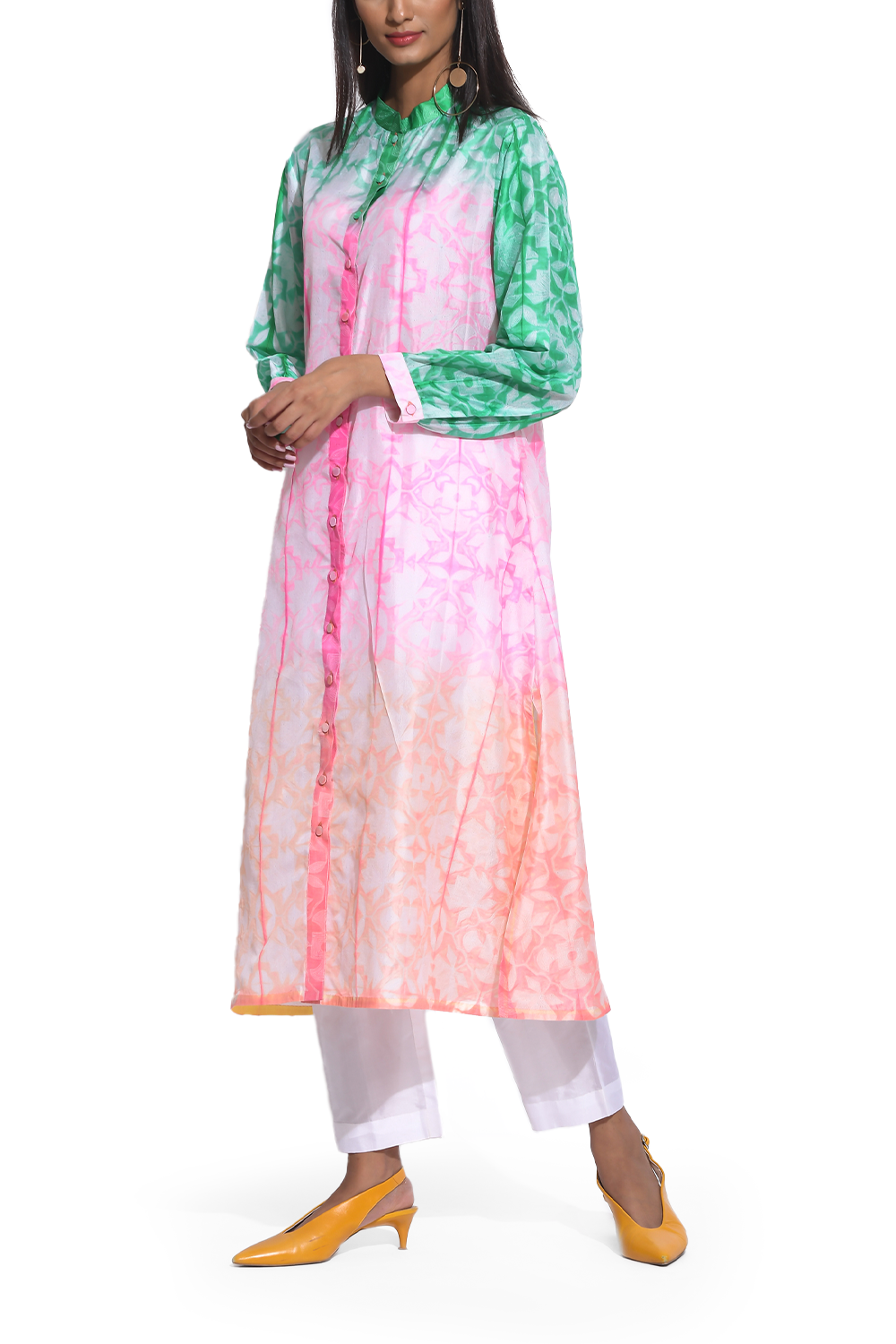 Pink Peach Green Ombre Shibori Kurta