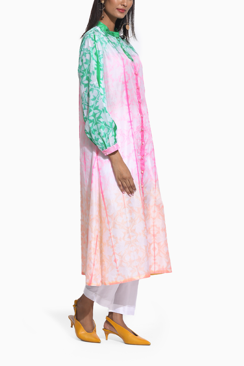 Pink Peach Green Ombre Shibori Kurta