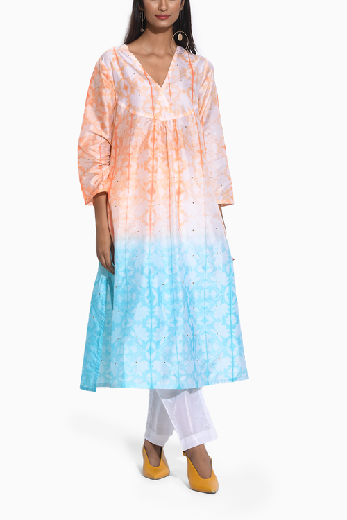 Peach Blue Ombre Shibori Kurta