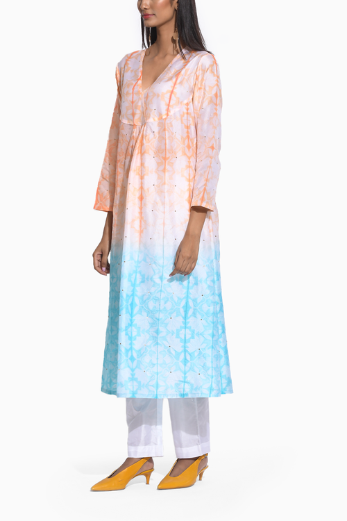 Peach Blue Ombre Shibori Kurta