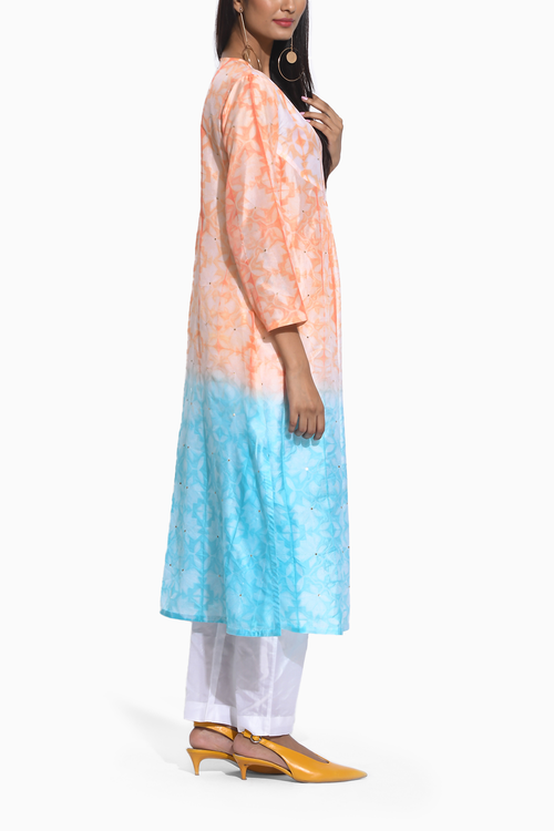 Peach Blue Ombre Shibori Kurta