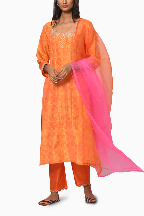 Gulkand Orange Yellow Embroidered Kurta Set