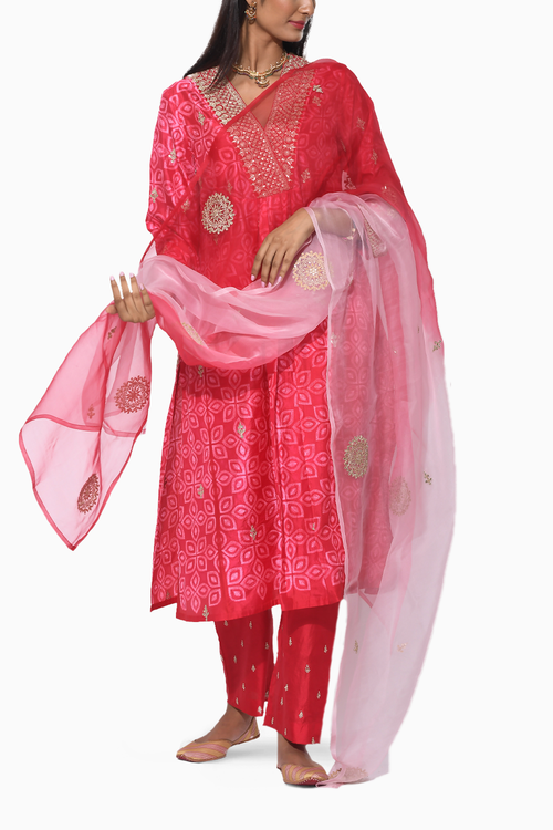 Gulkand Red Pink Embroidered Shibori Kurta Set