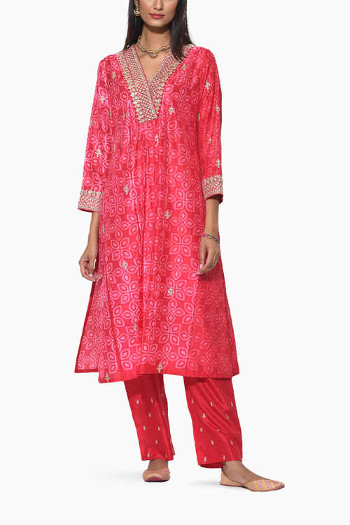 Gulkand Red Pink Embroidered Shibori Kurta and Pants