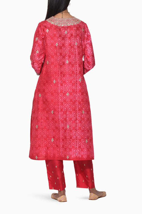 Gulkand Red Pink Embroidered Shibori Kurta Set