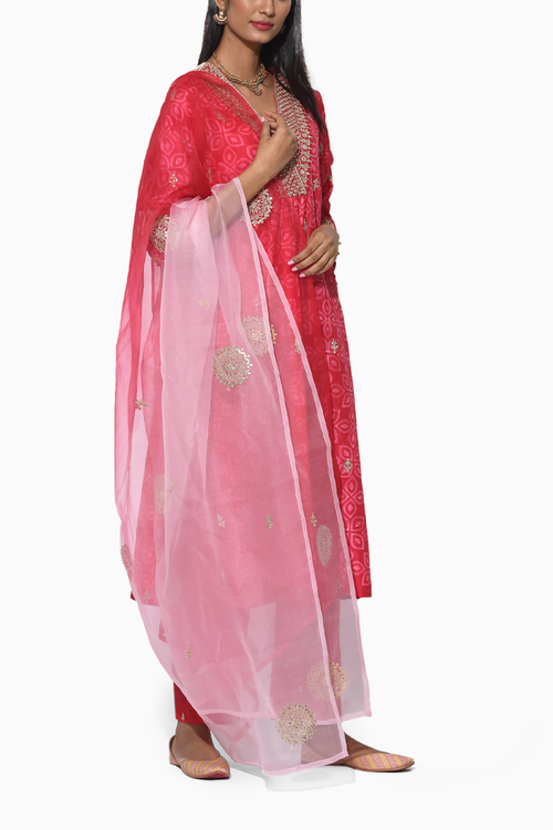 Gulkand Red Pink Embroidered Shibori Kurta Set