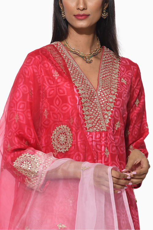 Gulkand Red Pink Embroidered Shibori Kurta and Pants