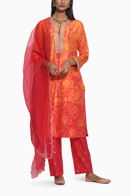 Gulkand Orange Shibori Embroidered Kurta Set