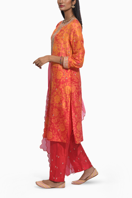 Gulkand Orange Shibori Embroidered Kurta Set