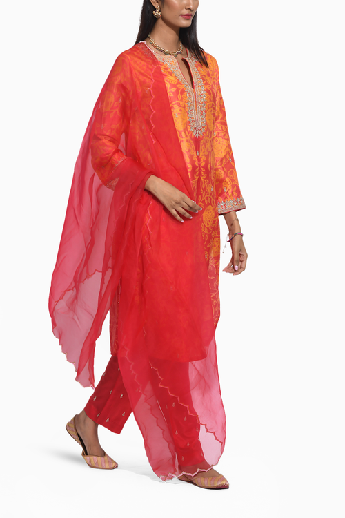 Gulkand Orange Shibori Embroidered Kurta Set