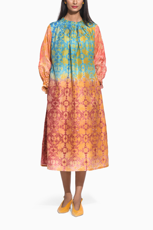 Ombre Teal Brown Shibori with Sequins Dress