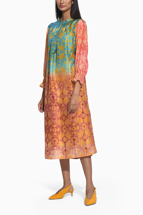 Ombre Teal Brown Shibori with Sequins Dress