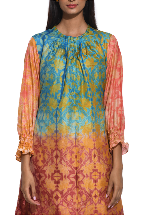 Ombre Teal Brown Shibori with Sequins Dress