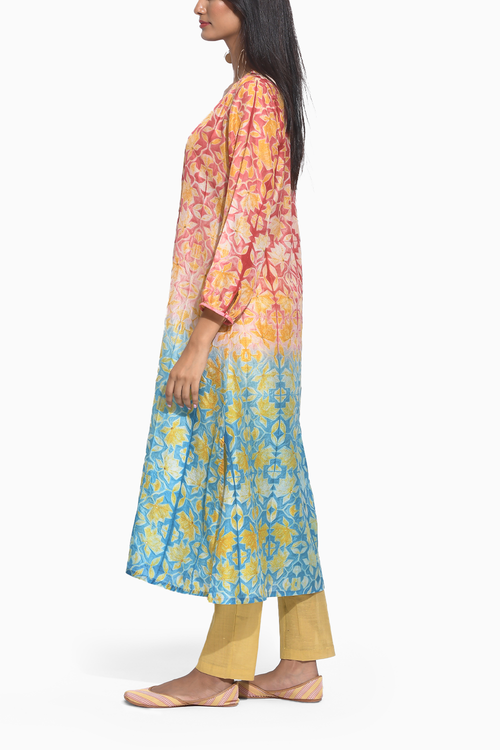 Maroon Teal Geometric Flower Shibori Kurta