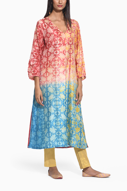 Maroon Teal Geometric Flower Shibori Kurta