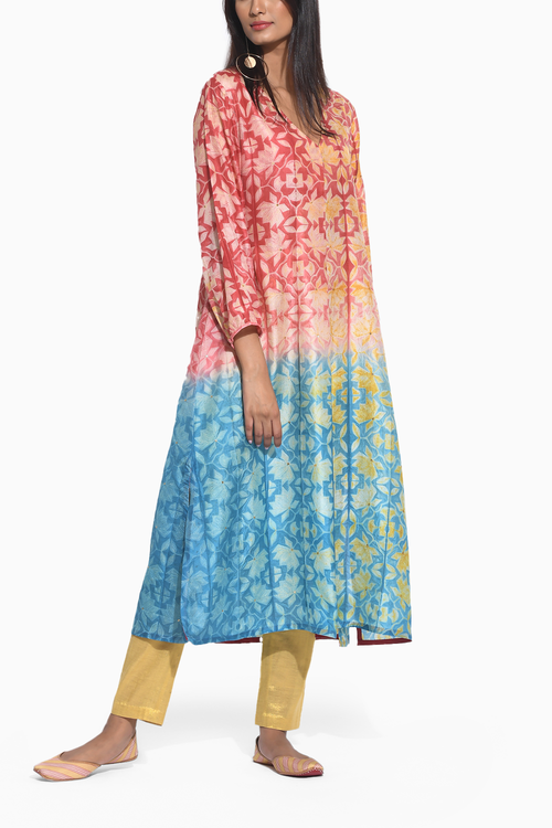 Maroon Teal Geometric Flower Shibori Kurta
