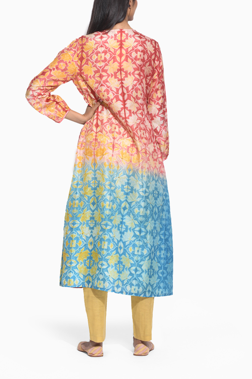 Maroon Teal Geometric Flower Shibori Kurta