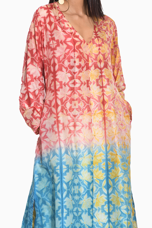 Maroon Teal Geometric Flower Shibori Kurta