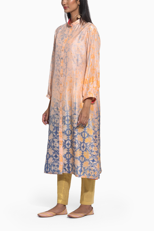 Peach Grey Geometric Flower with Sequins Kurta