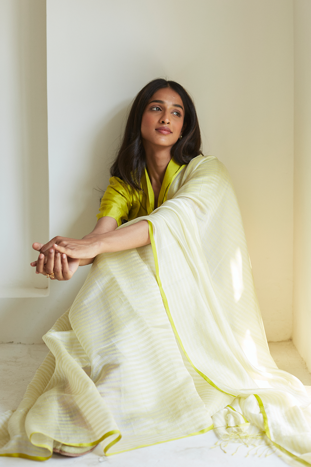 Pristine Lime Mulberry Organza Silk Saree