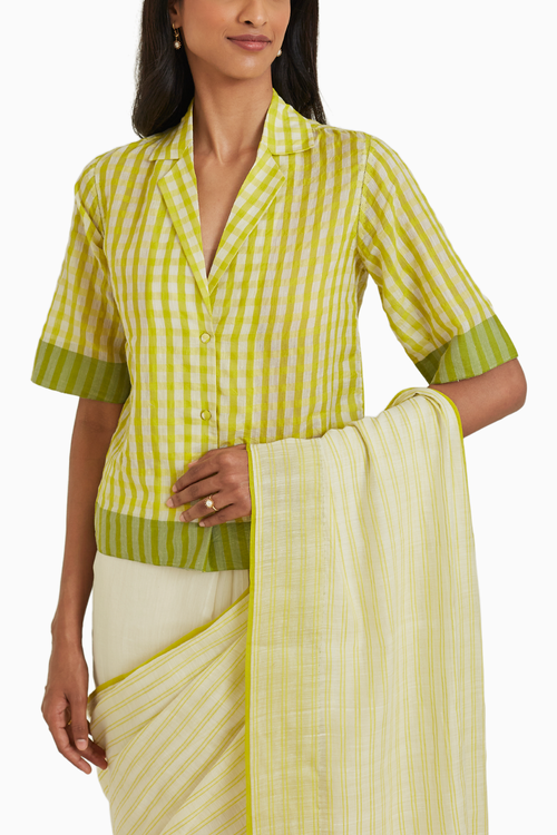 Gingham Lime Fine Silk Khadi Shirt Blouse
