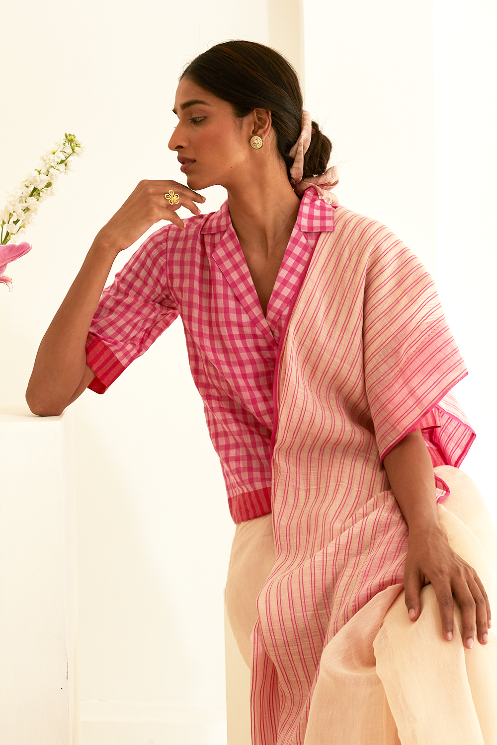 Gingham Pink Fine Silk Khadi Shirt Blouse