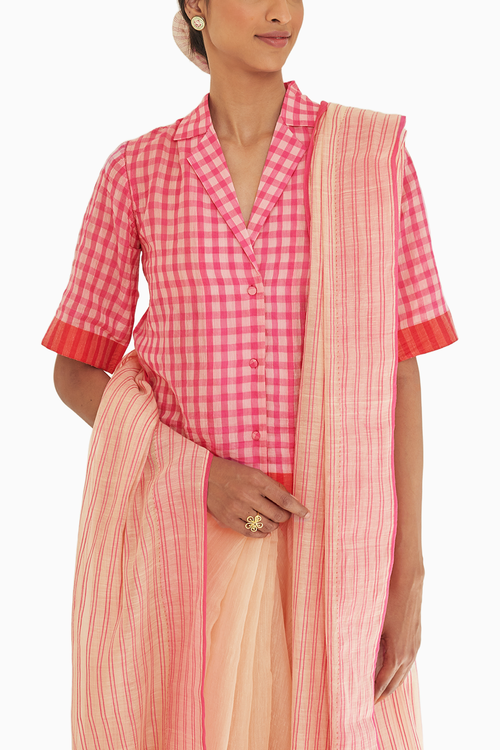 Gingham Pink Fine Silk Khadi Shirt Blouse