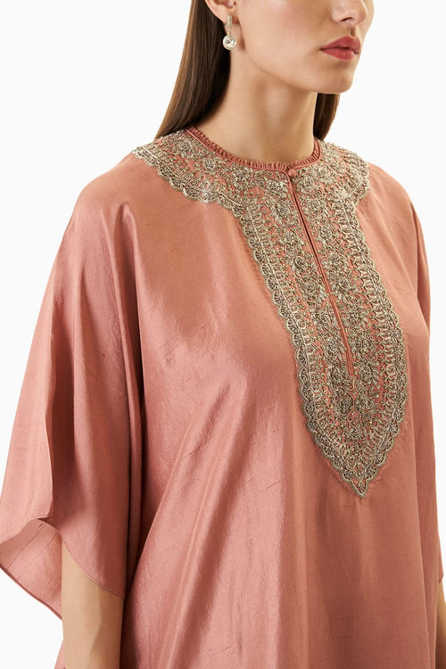 Peach Hand Embroidered Kaftan
