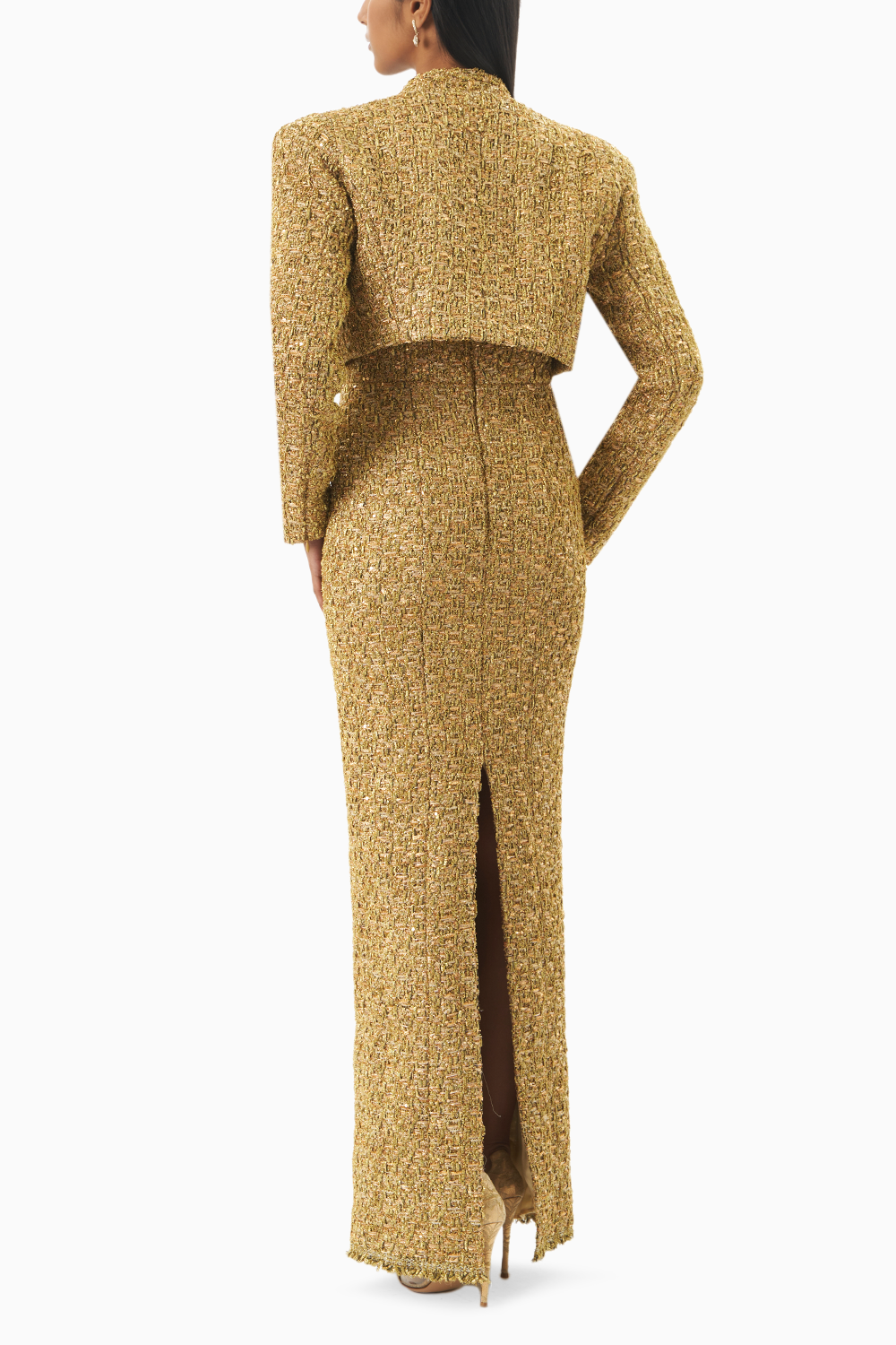 Shimmering Gold Glam Dress with Crop Jacket Set