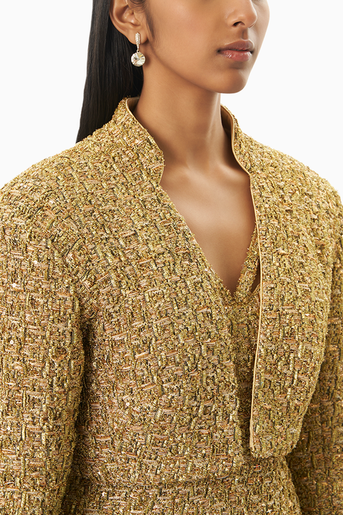 Shimmering Gold Glam Dress with Crop Jacket Set