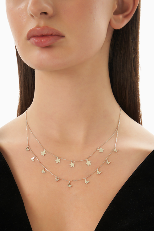 String Of Flowers & Butterflies Double Layered Silver Chain Necklace