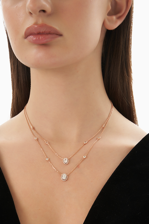 Oval Cut Double Layered Silver Chain Necklace