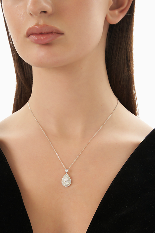 Pave Single Drop Zircon Stud Long Silver Chain Necklace