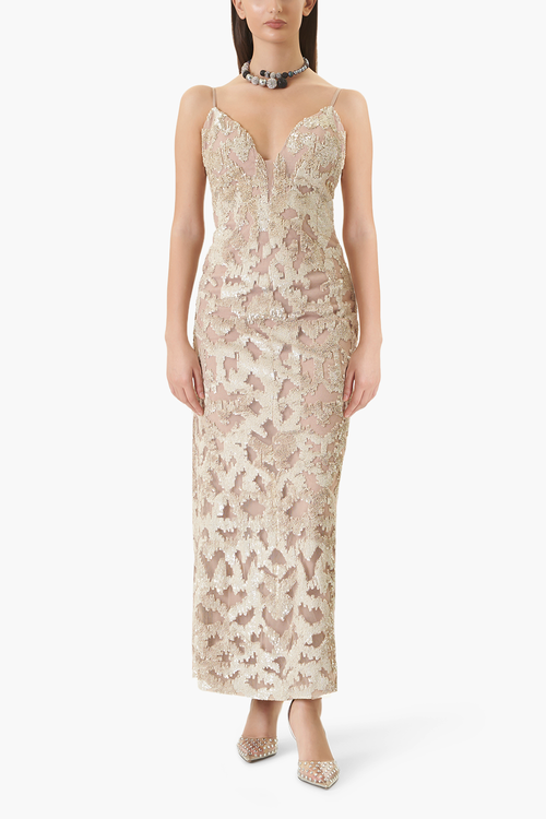 Statement Champagne Sequin Embroidered Gown