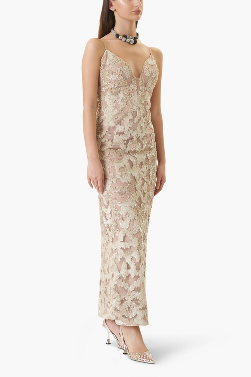 Statement Champagne Sequin Embroidered Gown