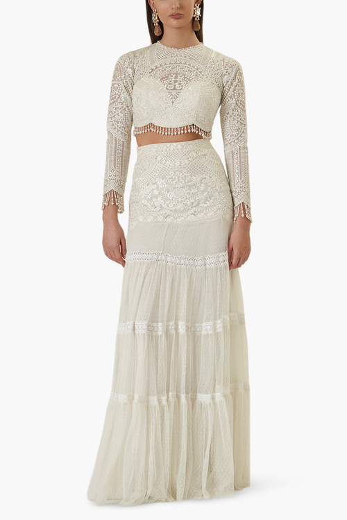 White on White Embroidered Flared Skirt Set