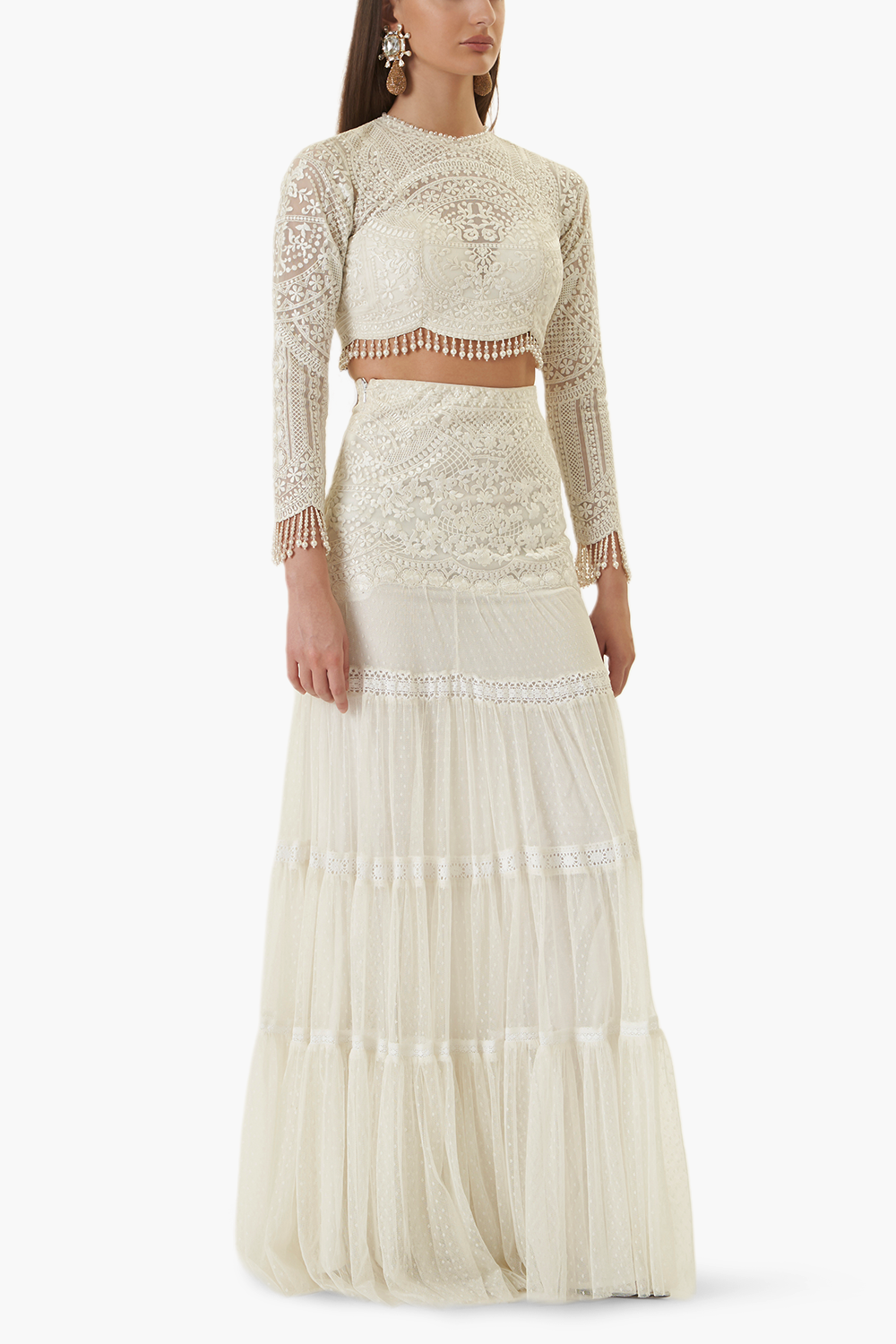 White on White Embroidered Flared Skirt Set