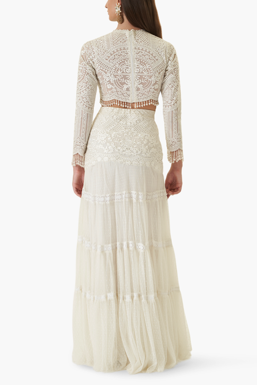 White on White Embroidered Flared Skirt Set