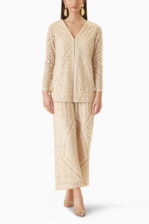 White on Nude Embroidered Pant Set