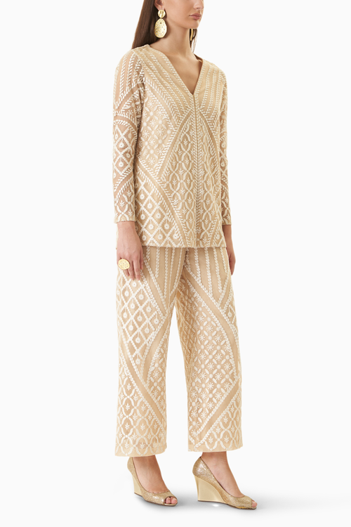 White on Nude Embroidered Pant Set