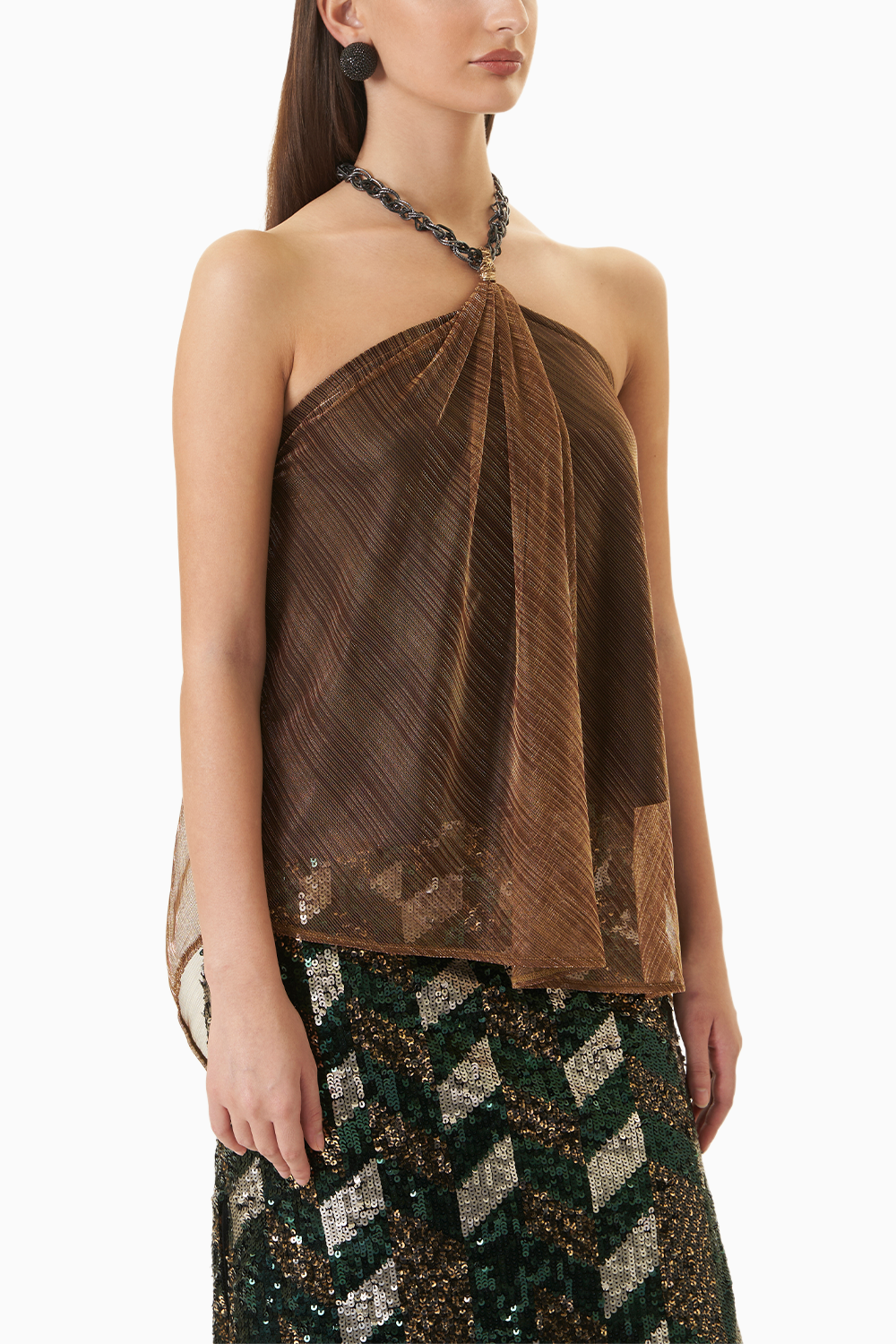 Jewel Tone Drape & Chain Lamé Top and Sequin Skirt