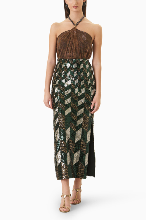 Jewel Tone Drape & Chain LamÃƒÂ© Top and Sequin Skirt