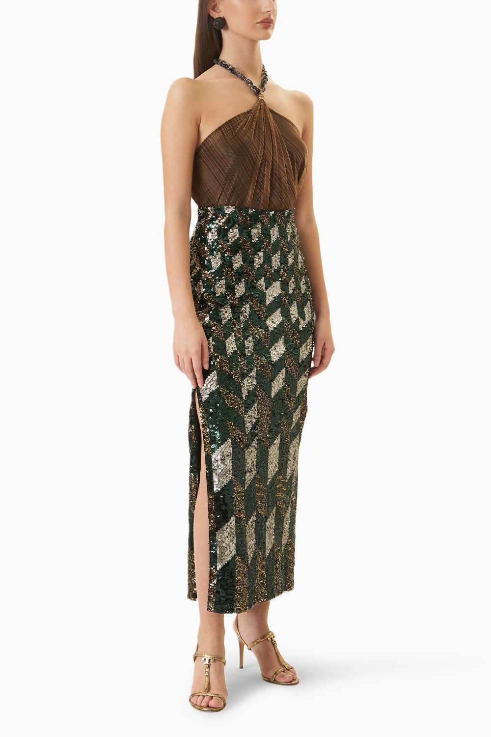 Jewel Tone Drape & Chain Lamé Top and Sequin Skirt