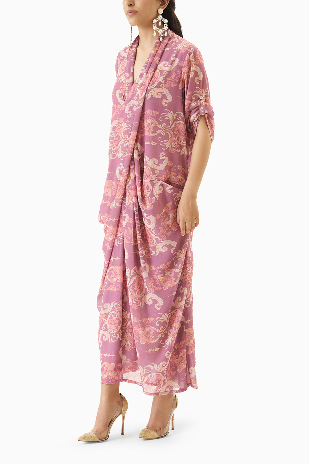 Multicoloured Printed Cowl Pleated Kaftan Dress