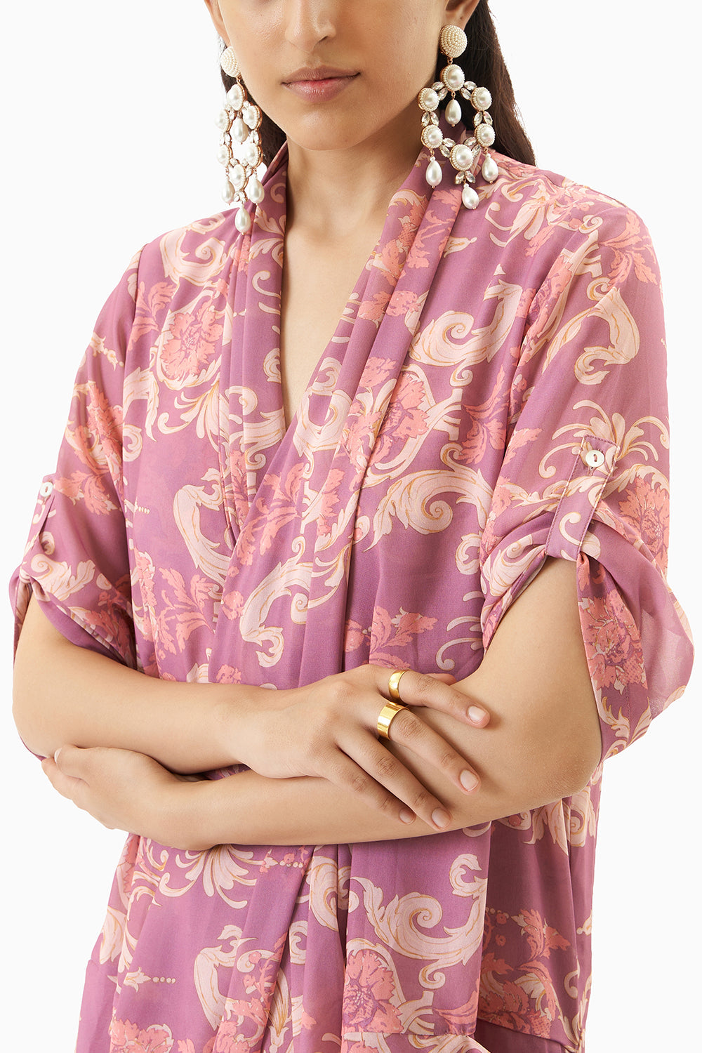 Multicoloured Printed Cowl Pleated Kaftan Dress