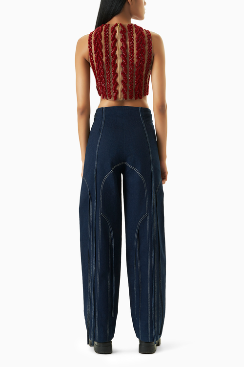 Crimson Knit Blouse with Denim Pant